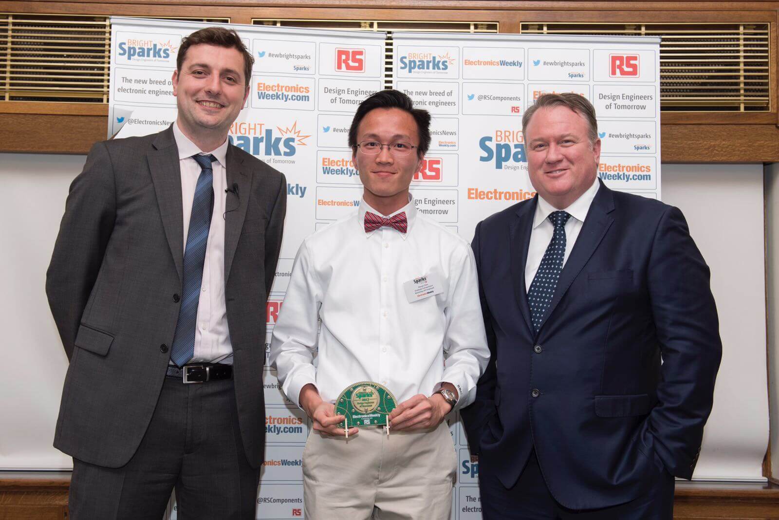 Sponsored MSc Student, Shuran Chen, receiving the RS Bright Sparks Award 2017 from RS Components CEO Lindsley Ruth (right). May 2017